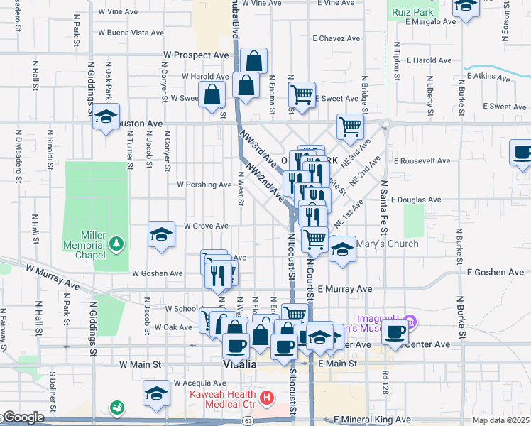 map of restaurants, bars, coffee shops, grocery stores, and more near 309 Northwest 1st Avenue in Visalia