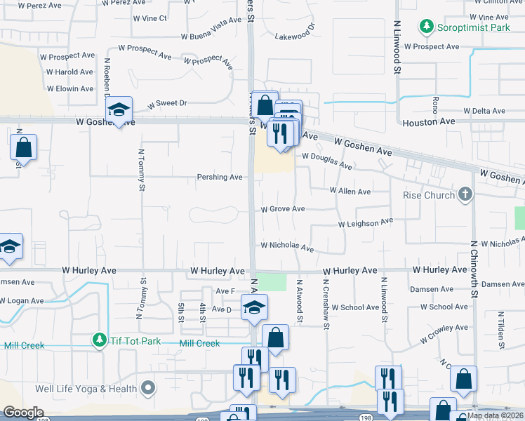 map of restaurants, bars, coffee shops, grocery stores, and more near 950 North Oakwood Court in Visalia