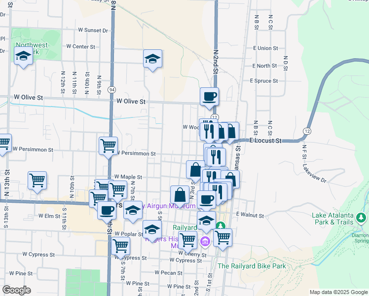 map of restaurants, bars, coffee shops, grocery stores, and more near 515 North 4th Street in Rogers