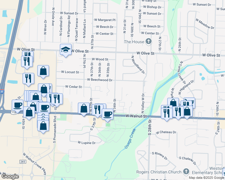 map of restaurants, bars, coffee shops, grocery stores, and more near 402 North 34th Street in Rogers