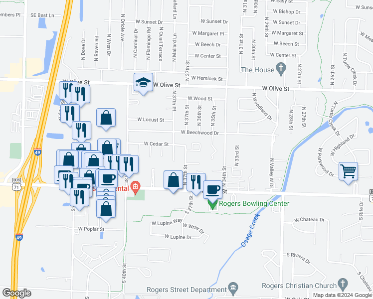 map of restaurants, bars, coffee shops, grocery stores, and more near 3511 West Cedar Circle in Rogers
