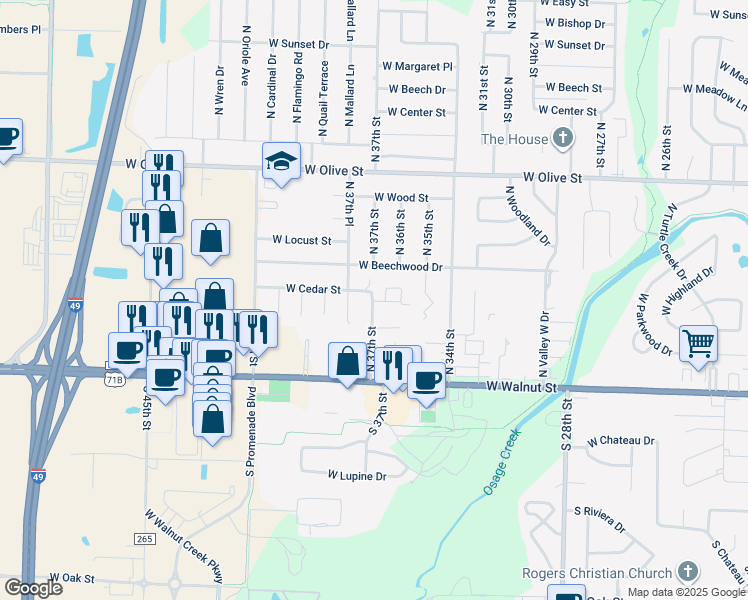 map of restaurants, bars, coffee shops, grocery stores, and more near 3509 West Cedar Circle in Rogers