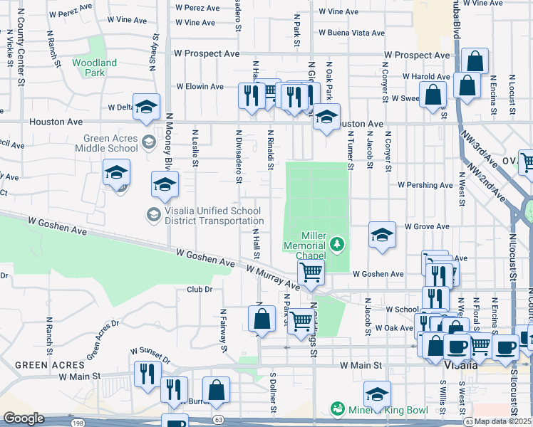 map of restaurants, bars, coffee shops, grocery stores, and more near 817 North Rinaldi Street in Visalia