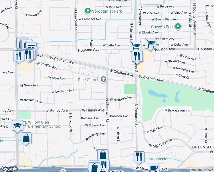 map of restaurants, bars, coffee shops, grocery stores, and more near 853-939 North Chinowth Street in Visalia