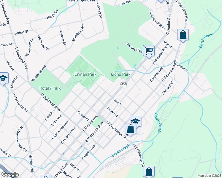 map of restaurants, bars, coffee shops, grocery stores, and more near 1504 East Holston Avenue in Johnson City