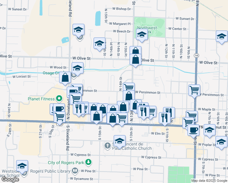 map of restaurants, bars, coffee shops, grocery stores, and more near 1403 West Persimmon Street in Rogers