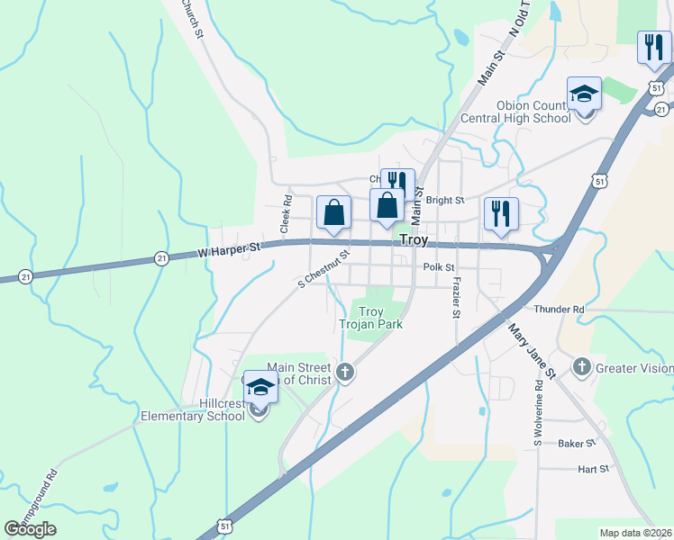 map of restaurants, bars, coffee shops, grocery stores, and more near 424 Polk Street in Troy