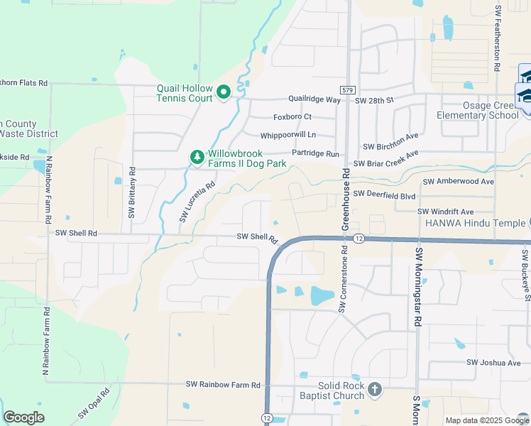 map of restaurants, bars, coffee shops, grocery stores, and more near 3505 Southwest Willowbrook Road in Bentonville