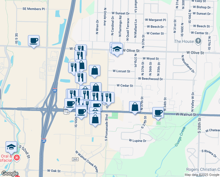 map of restaurants, bars, coffee shops, grocery stores, and more near 409 North 40th Street in Rogers