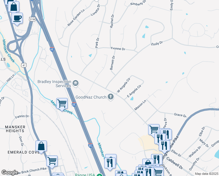 map of restaurants, bars, coffee shops, grocery stores, and more near 501 Emily Drive in Goodlettsville