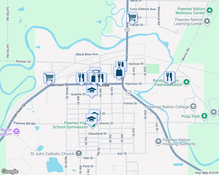 map of restaurants, bars, coffee shops, grocery stores, and more near 501 Harrison St in Pawnee
