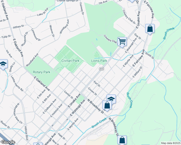 map of restaurants, bars, coffee shops, grocery stores, and more near 1504 East Holston Avenue in Johnson City