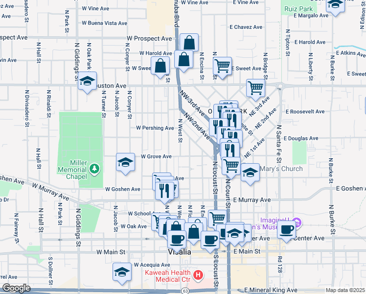 map of restaurants, bars, coffee shops, grocery stores, and more near 814 North West Street in Visalia