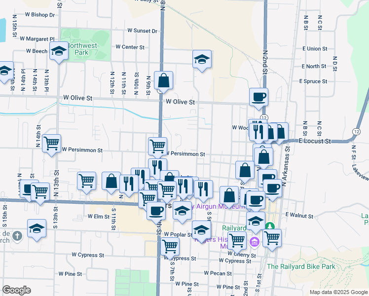 map of restaurants, bars, coffee shops, grocery stores, and more near 511 North 7th Street in Rogers