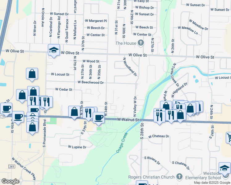 map of restaurants, bars, coffee shops, grocery stores, and more near 401 North 33rd Street in Rogers