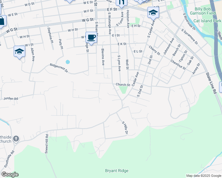 map of restaurants, bars, coffee shops, grocery stores, and more near 811 South Watauga Avenue in Elizabethton