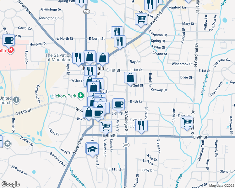 map of restaurants, bars, coffee shops, grocery stores, and more near 316 Kenway St in Mountain Home