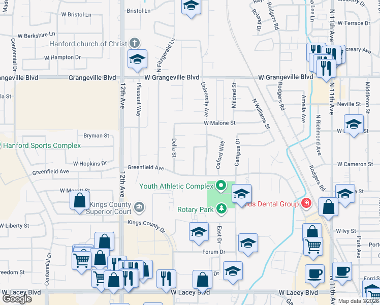 map of restaurants, bars, coffee shops, grocery stores, and more near 1226 Princeton Avenue in Hanford