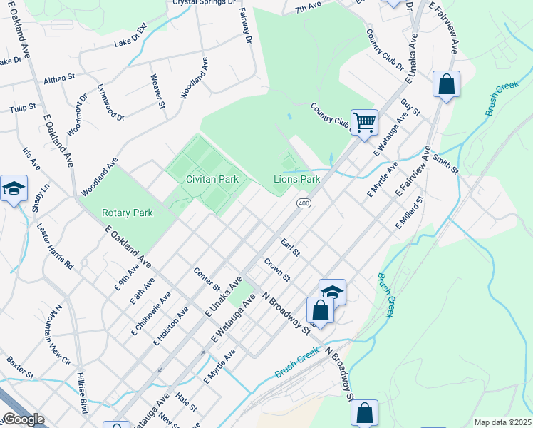 map of restaurants, bars, coffee shops, grocery stores, and more near 1504 East Holston Avenue in Johnson City