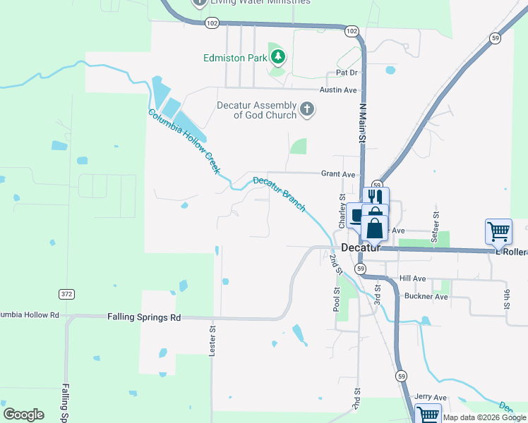 map of restaurants, bars, coffee shops, grocery stores, and more near 325 Grant Springs Drive in Decatur