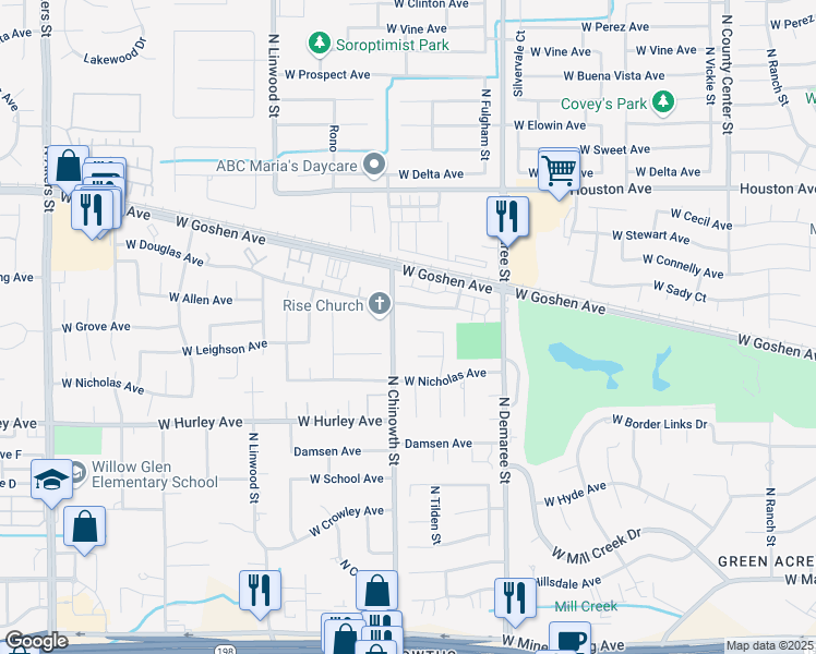 map of restaurants, bars, coffee shops, grocery stores, and more near 3948 West Allen Court in Visalia
