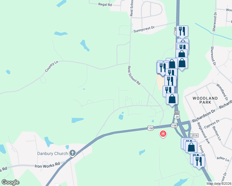 map of restaurants, bars, coffee shops, grocery stores, and more near 153 Brentwood Drive in Reidsville