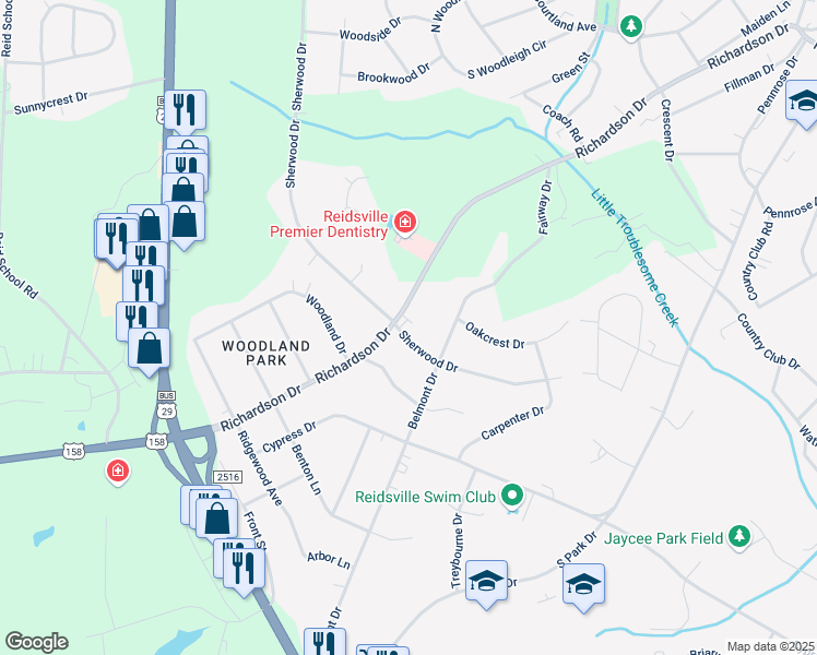 map of restaurants, bars, coffee shops, grocery stores, and more near 1929 Richardson Drive in Reidsville