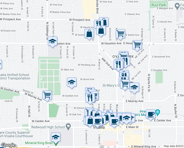 map of restaurants, bars, coffee shops, grocery stores, and more near 815 North Willis Street in Visalia