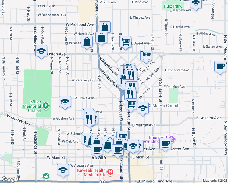 map of restaurants, bars, coffee shops, grocery stores, and more near 309 Northwest 1st Avenue in Visalia
