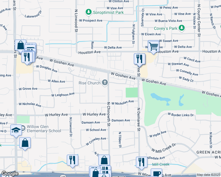 map of restaurants, bars, coffee shops, grocery stores, and more near 3948 West Allen Court in Visalia