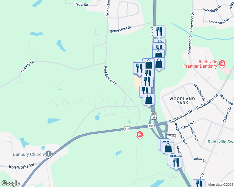 map of restaurants, bars, coffee shops, grocery stores, and more near 2732 Reid School Road in Reidsville