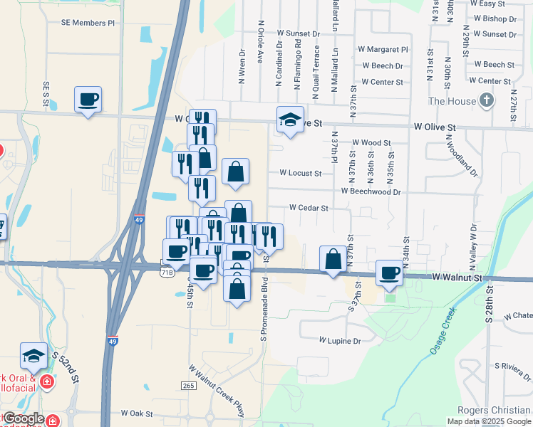 map of restaurants, bars, coffee shops, grocery stores, and more near 409 N 40th St in Rogers