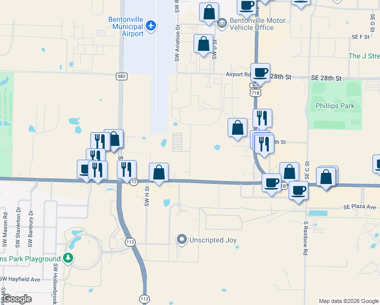 map of restaurants, bars, coffee shops, grocery stores, and more near 3401 Southwest F Street in Bentonville