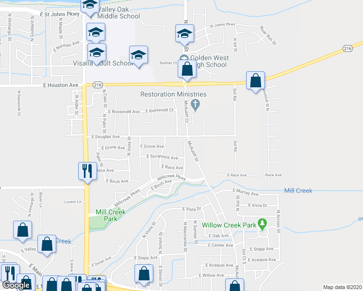 map of restaurants, bars, coffee shops, grocery stores, and more near 911 North Manzanita Street in Visalia