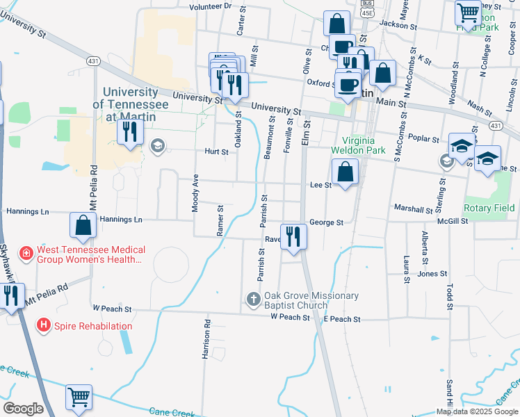 map of restaurants, bars, coffee shops, grocery stores, and more near 205 Parrish Street in Martin