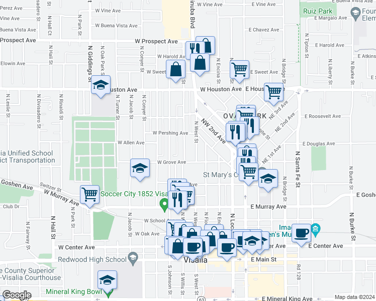 map of restaurants, bars, coffee shops, grocery stores, and more near 816 North Willis Street in Visalia