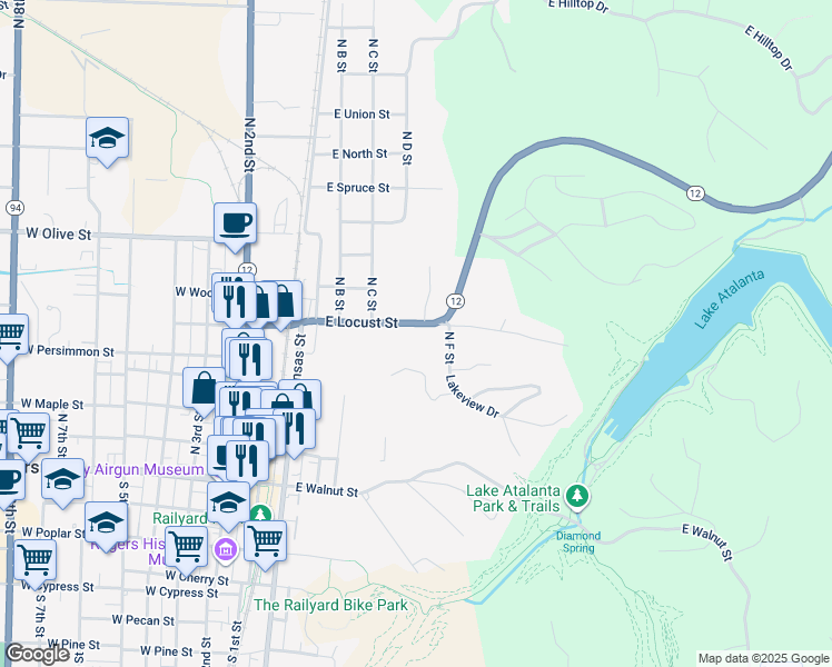 map of restaurants, bars, coffee shops, grocery stores, and more near 428 East Locust Street in Rogers