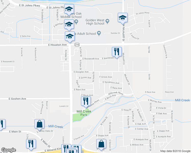 map of restaurants, bars, coffee shops, grocery stores, and more near 914 North Vista Street in Visalia