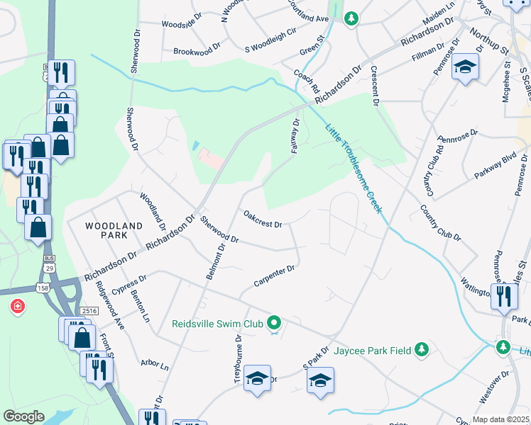 map of restaurants, bars, coffee shops, grocery stores, and more near 1014 Oakcrest Drive in Reidsville