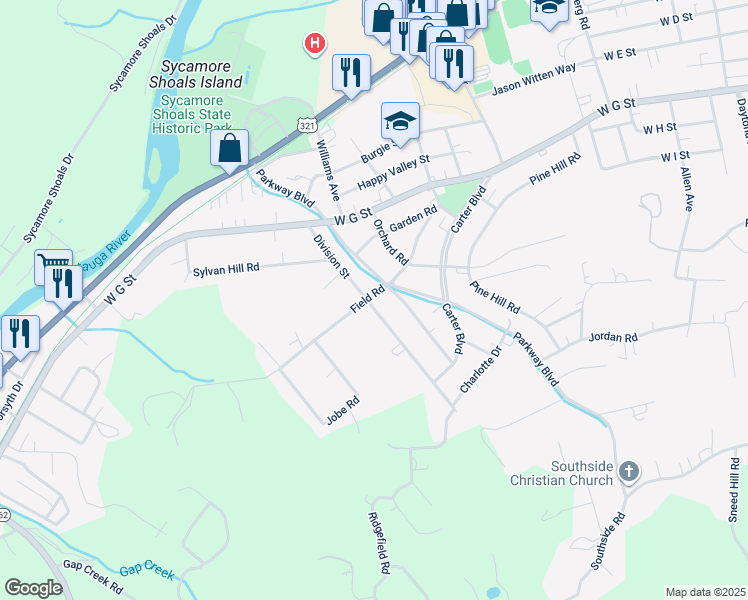 map of restaurants, bars, coffee shops, grocery stores, and more near 500 Division Street in Elizabethton
