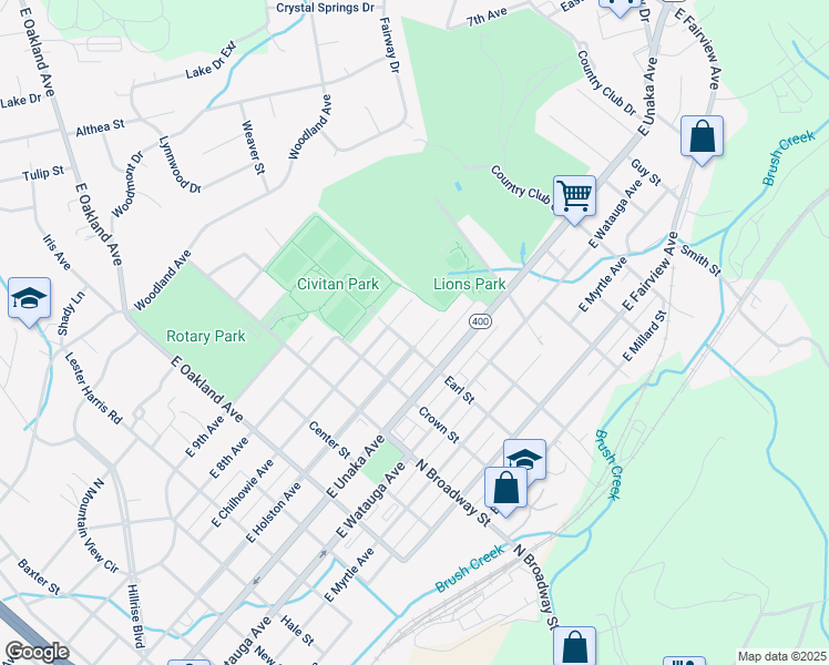 map of restaurants, bars, coffee shops, grocery stores, and more near 1504 East Holston Avenue in Johnson City