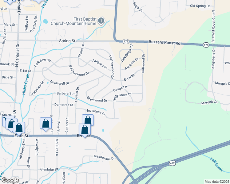 map of restaurants, bars, coffee shops, grocery stores, and more near 1909 Osage Lane in Mountain Home