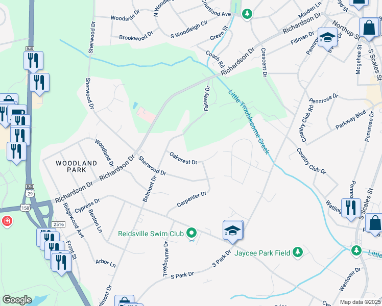 map of restaurants, bars, coffee shops, grocery stores, and more near 1014 Oakcrest Drive in Reidsville