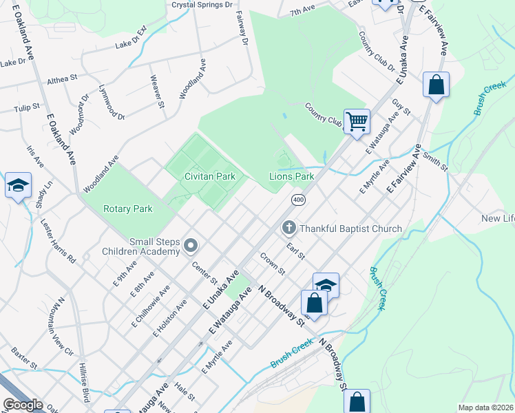 map of restaurants, bars, coffee shops, grocery stores, and more near 1504 East Holston Avenue in Johnson City