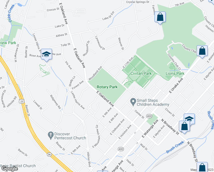 map of restaurants, bars, coffee shops, grocery stores, and more near 1001 North Broadway Street in Johnson City