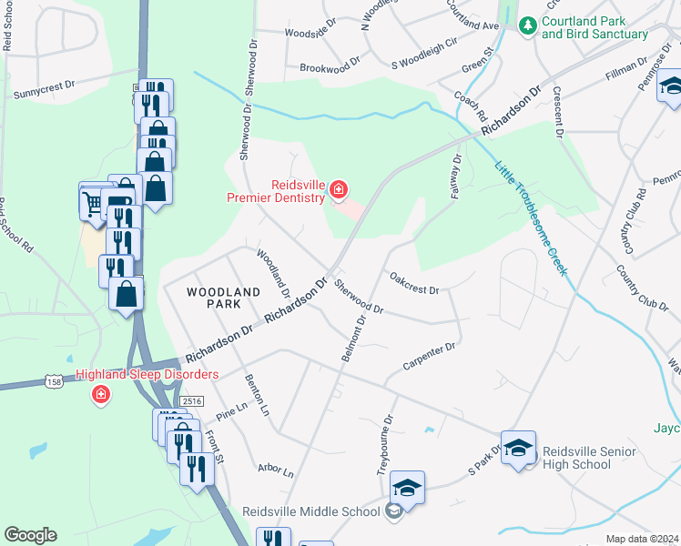 map of restaurants, bars, coffee shops, grocery stores, and more near 1929 Richardson Drive in Reidsville