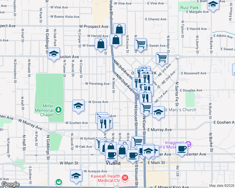 map of restaurants, bars, coffee shops, grocery stores, and more near 821 North Floral Street in Visalia