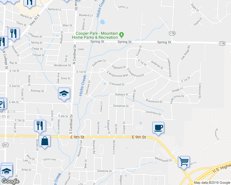 map of restaurants, bars, coffee shops, grocery stores, and more near 1007 Barbara Street in Mountain Home