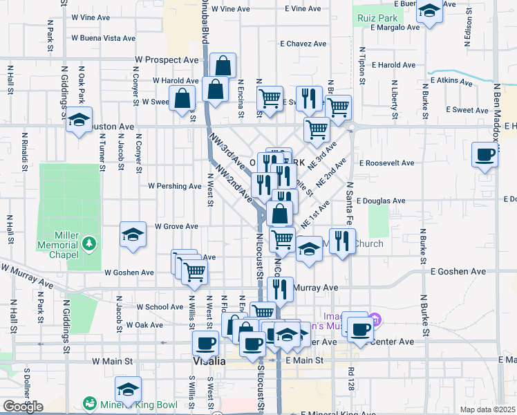map of restaurants, bars, coffee shops, grocery stores, and more near 215 Northwest 2nd Avenue in Visalia