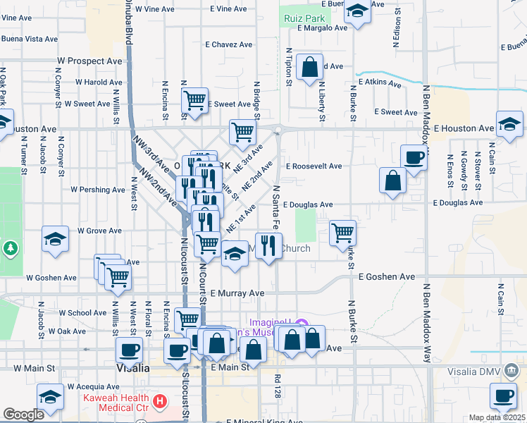 map of restaurants, bars, coffee shops, grocery stores, and more near 712 North Bridge Street in Visalia